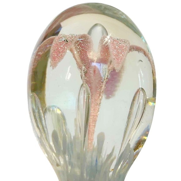 Decorative Blown Art Glass Pink Lily Flower Floral Blue Paperweight Bauble Decor - Picture 8 of 16